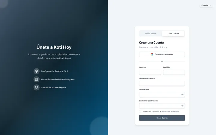 Pantalla de creación de cuenta en Koti