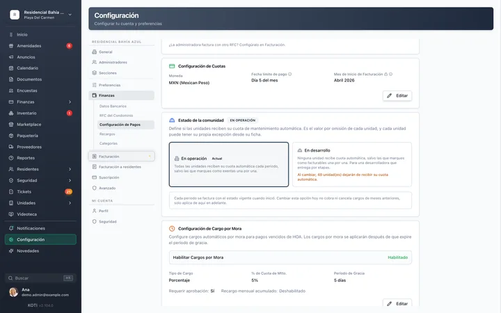 Configuración de cuotas y recargos en Koti