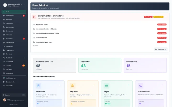 Dashboard de Koti con la comunidad operando