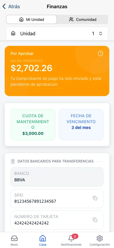 App de residente de Koti mostrando el saldo de mantenimiento y el pago por SPEI.