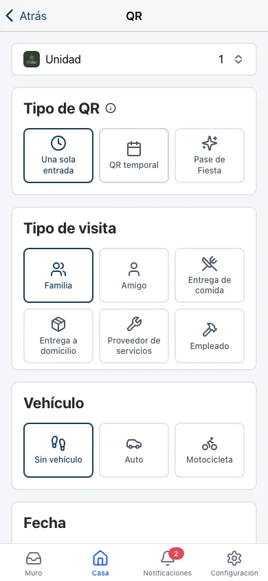 App de residente de Koti generando un código QR de acceso.