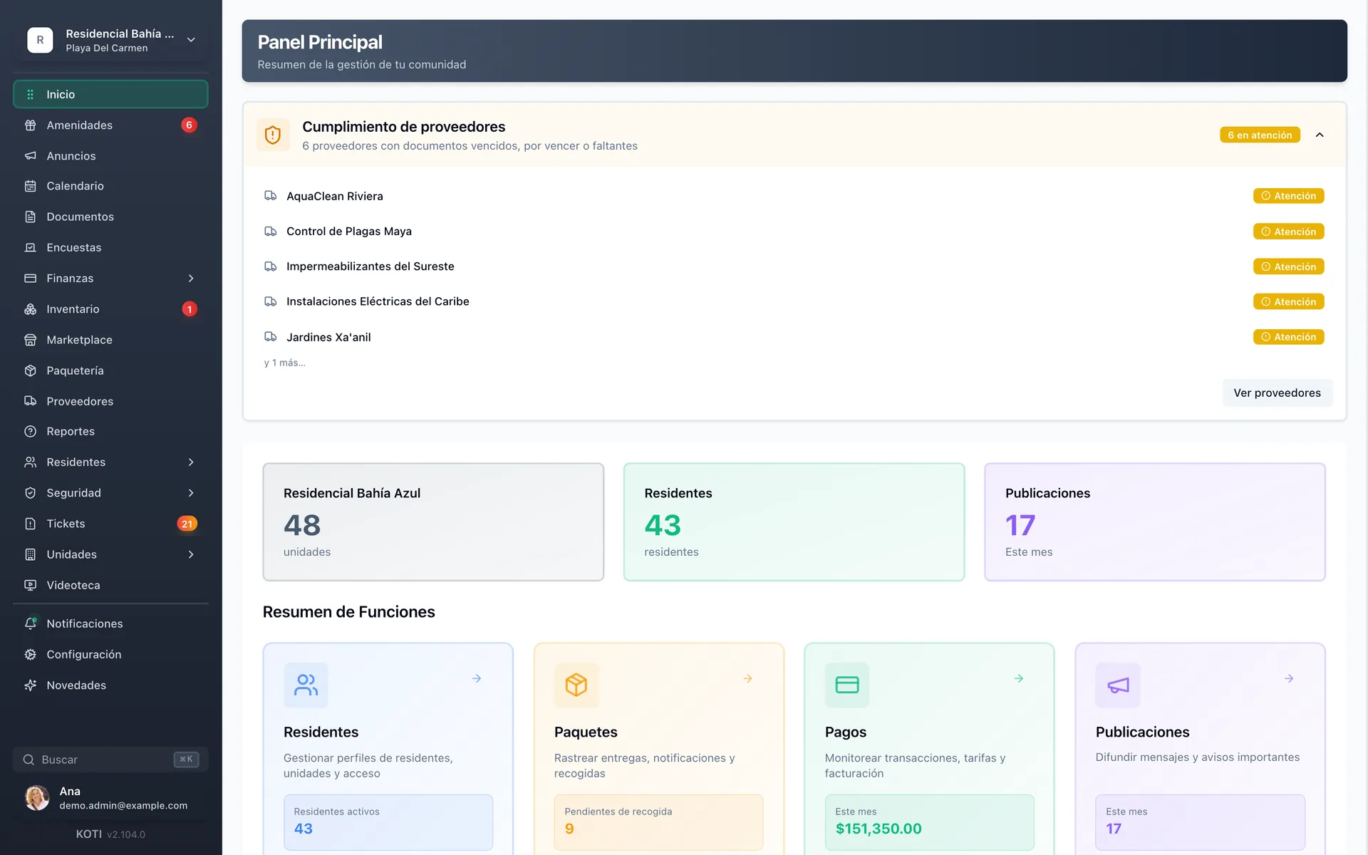 Panel de administración Koti: métricas de condominios en tiempo real